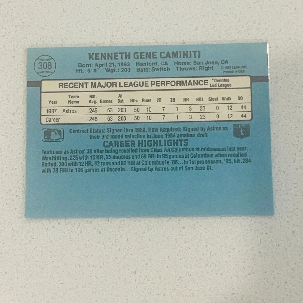 1988 Donruss Ken Caminiti Houston Astros Rookie Card 308 MLB Baseball